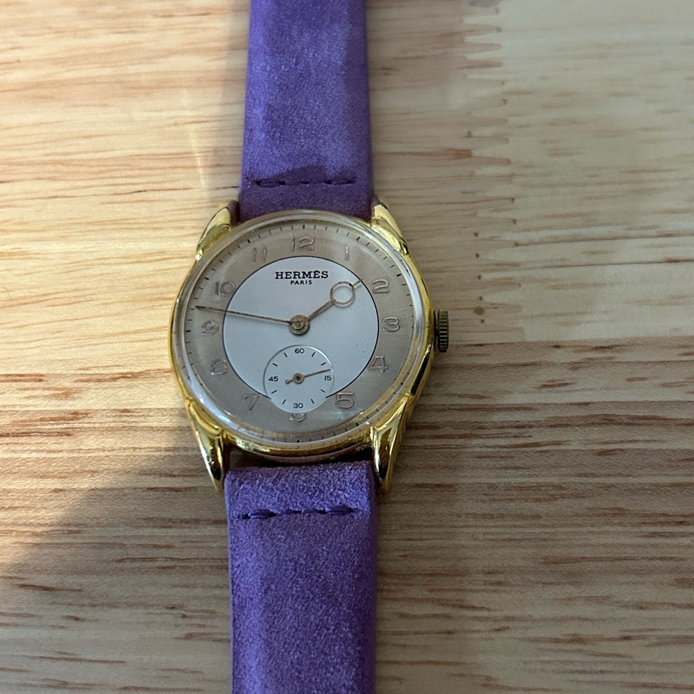 HERMES Paris “Moon Lugs” manual wind 33-34mm X 39mm, 17mm strap width.